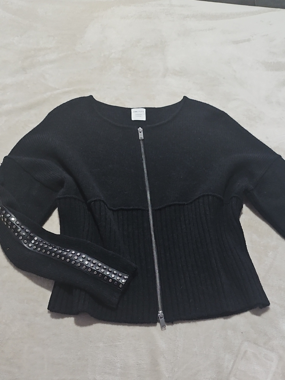 Black Zip-Front Ribbed Sweater with Studded Sleeve